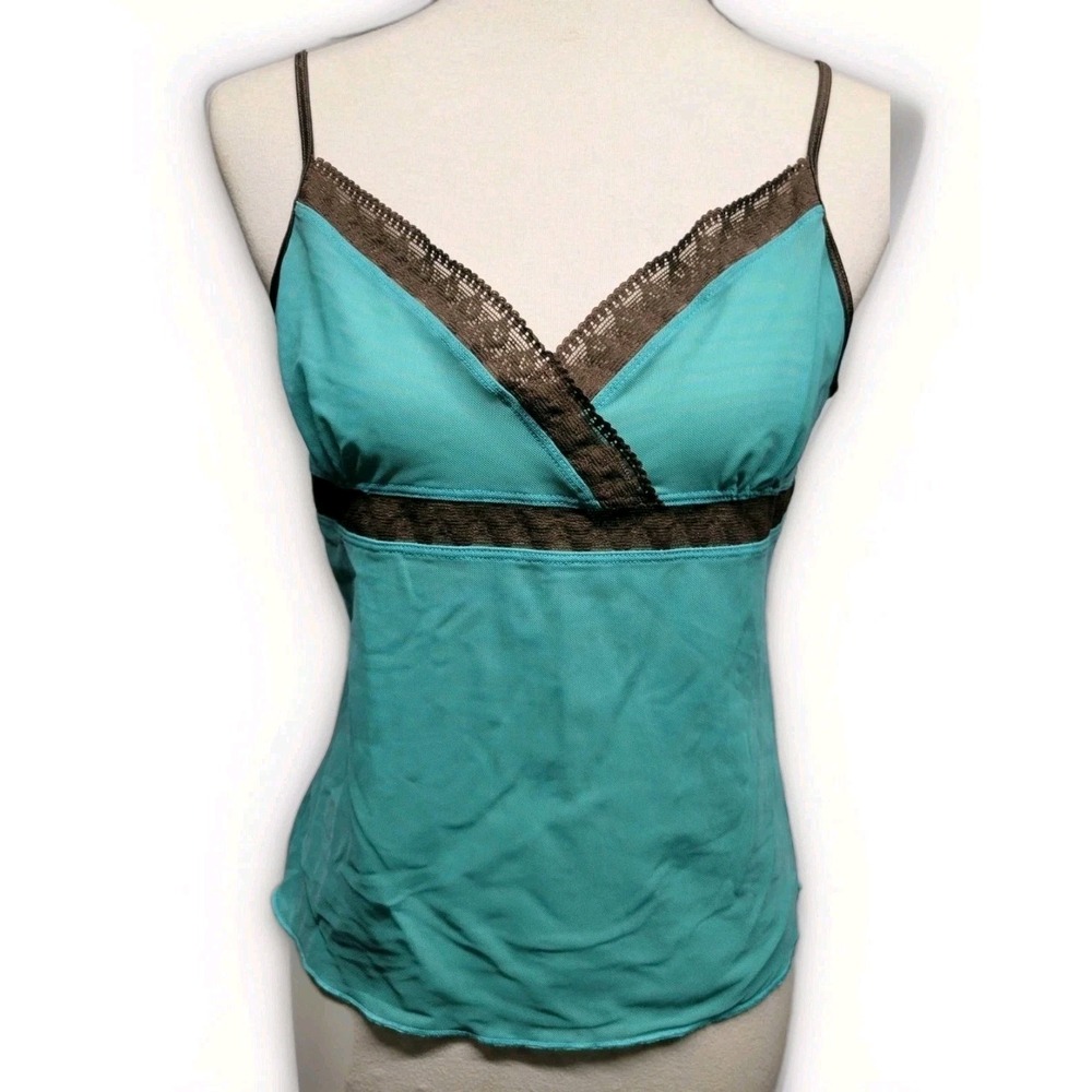 Vintage Y2K Teal Lace Mesh Sheer Tank Lg Boho Whimsy Goth Coquette Old Navy